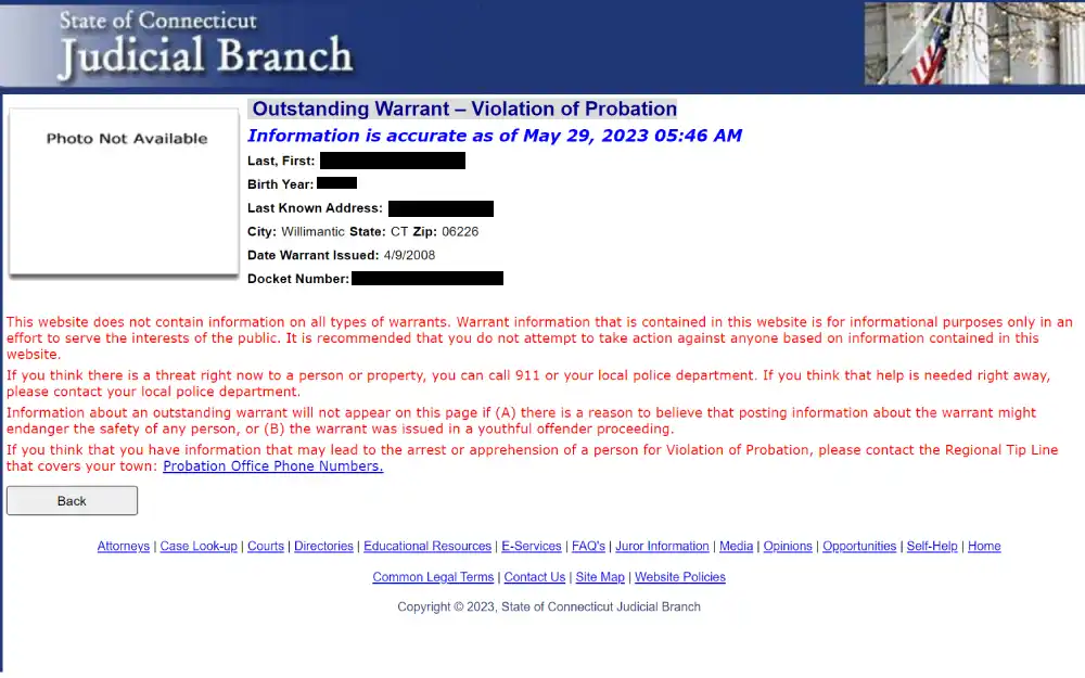 A screenshot showing a sample result from searching through the arrest warrant search tool provided by the State of Connecticut Judicial Branch.