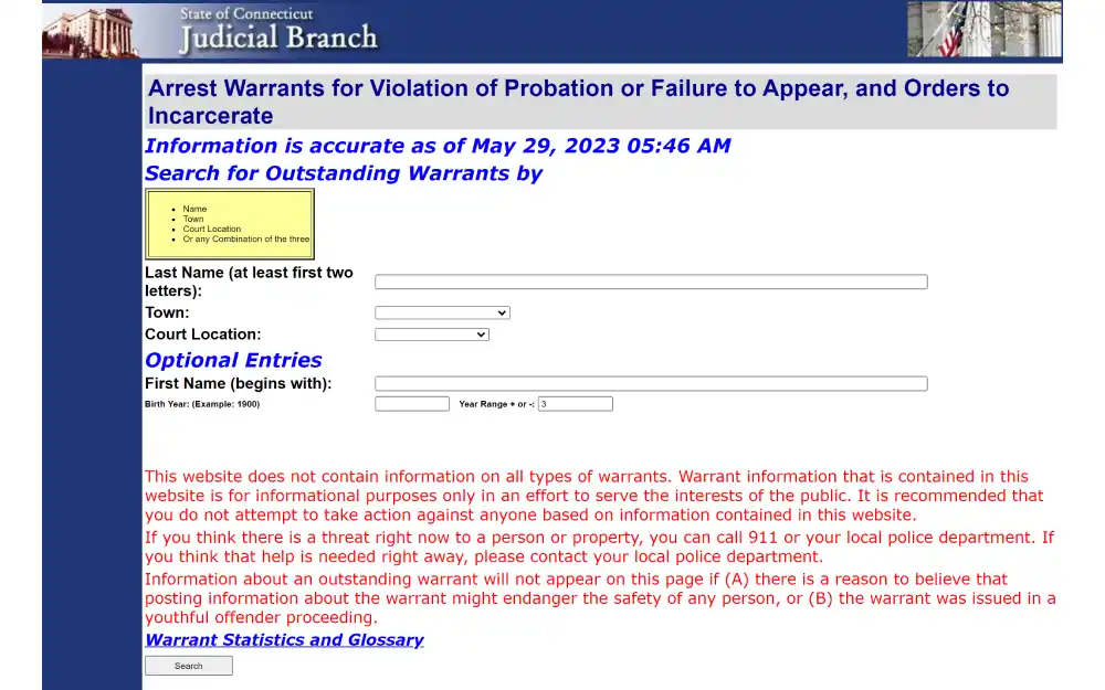 A screenshot of an arrest warrant search tool provided by the State of Connecticut Judicial Branch requiring either the last name, the town, or the court location to find an arrest warrant record. 
