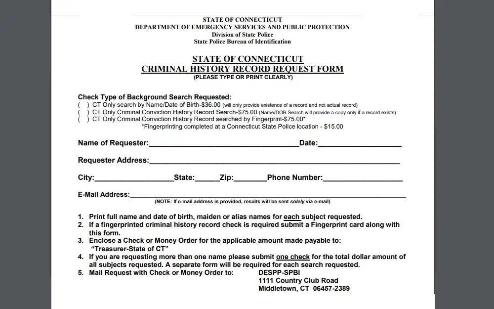 A screenshot showing a criminal history record request form that is required when one requests a criminal record that does not require searching by fingerprints.