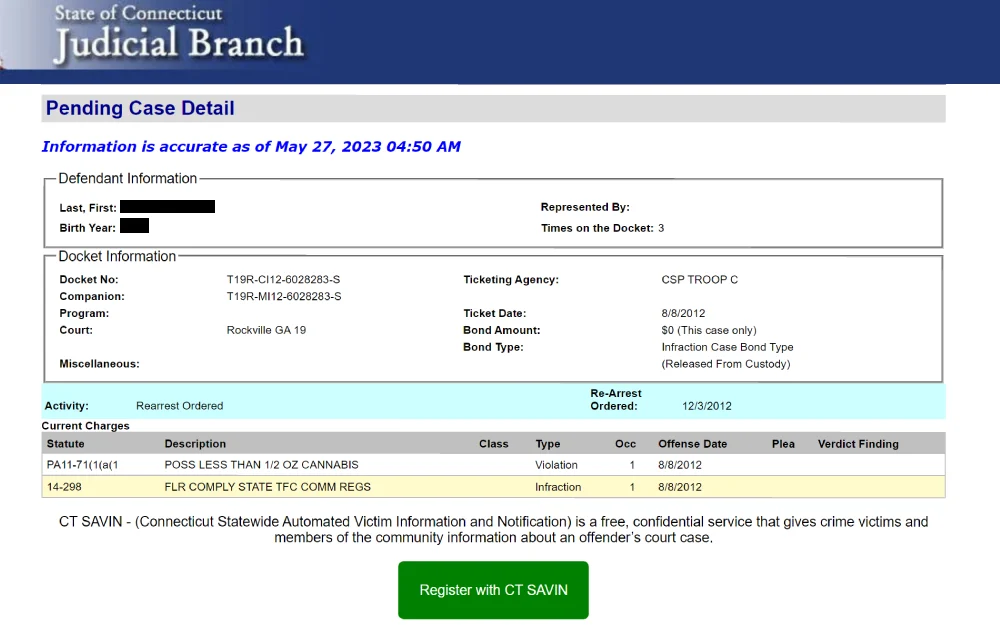 A screenshot showing a sample criminal record provided in Connecticut with specific details about the arrested individual.