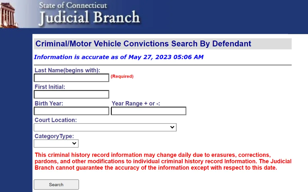 A screenshot showing the Criminal/Motor Vehicle Convictions Search by Defendant tool provided by the State of Connecticut Judicial Branch requiring last name and other additional details to locate the defendant's record. 