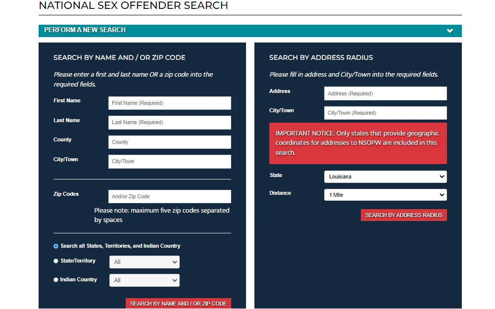 A screenshot showing a statewide or national sex offender search that can be searched by name and zip code or by searching through address radius.