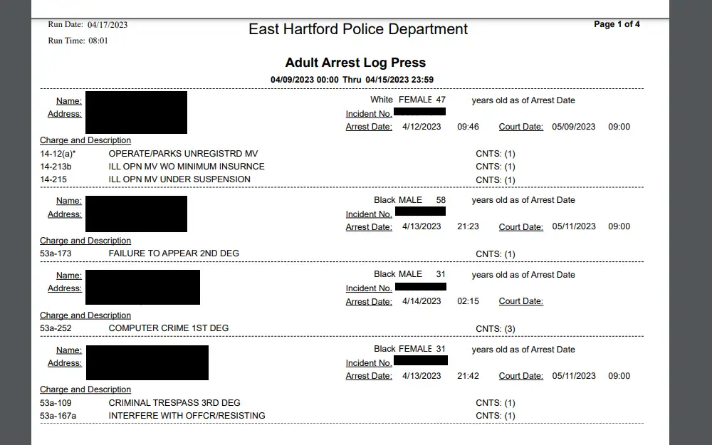 A screenshot showing an arrest record sample provided in Connecticut with specific details about the arrested individual.
