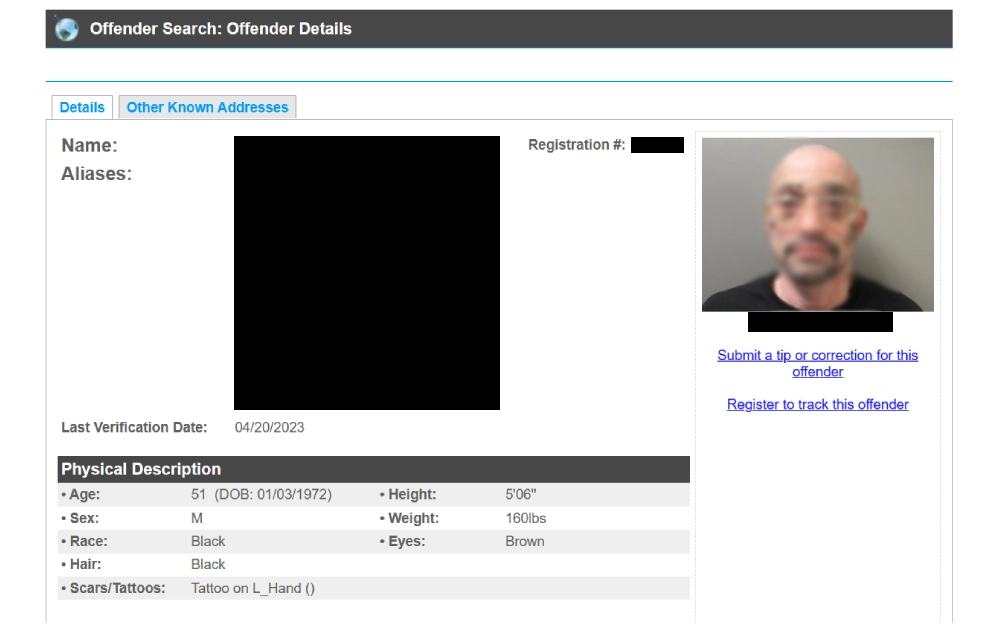 A screenshot showing a sample result found through a Sex Offender Search tool provided by the Connecticut Department of Emergency Services and Public Protection.