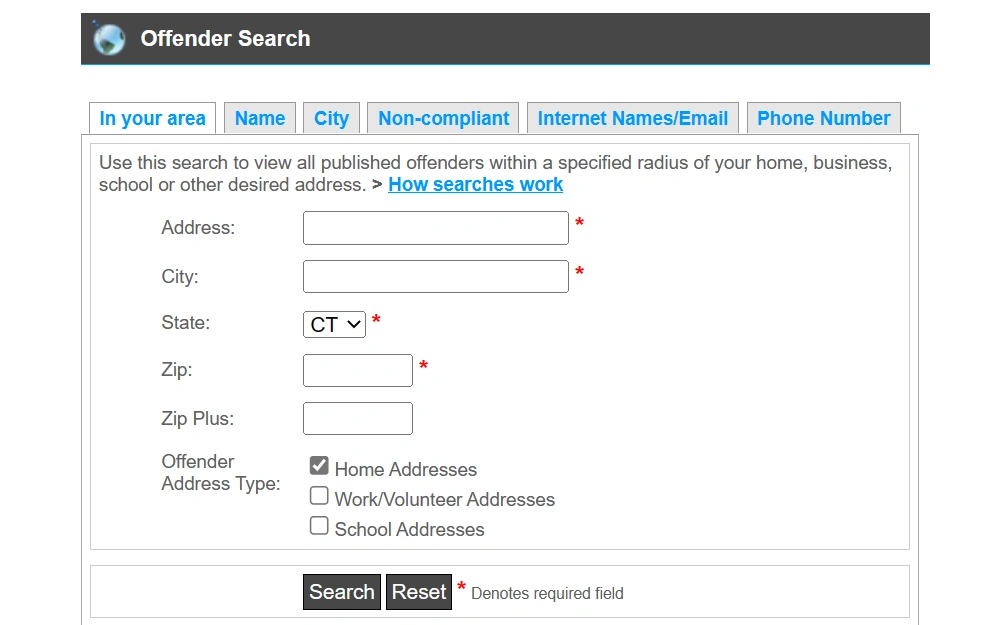 A screenshot showing a Sex Offender Search tool the Connecticut Department of Emergency Services and Public Protection provided.