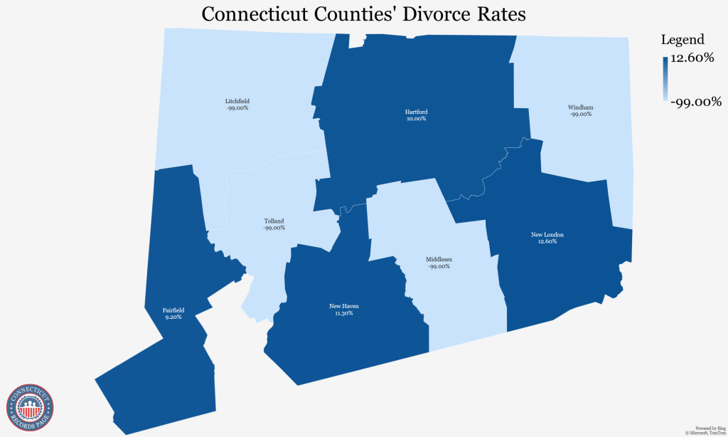 Map of Connecticut showing the counties' divorce rates (5-year estimates in 2021).