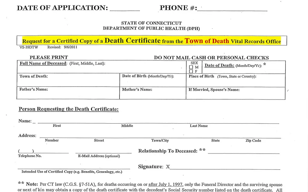 Request form used in Connecticut for obtaining vital public records including deaths with similar forms that can be used to make a free Connecticut marriage records search at the local level. 