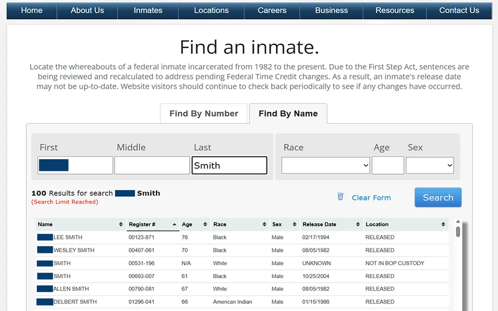 A screenshot showing an Inmate Locator tool provided by the Federal Bureau of Prisons with a list of sample results using the name John Smith. 