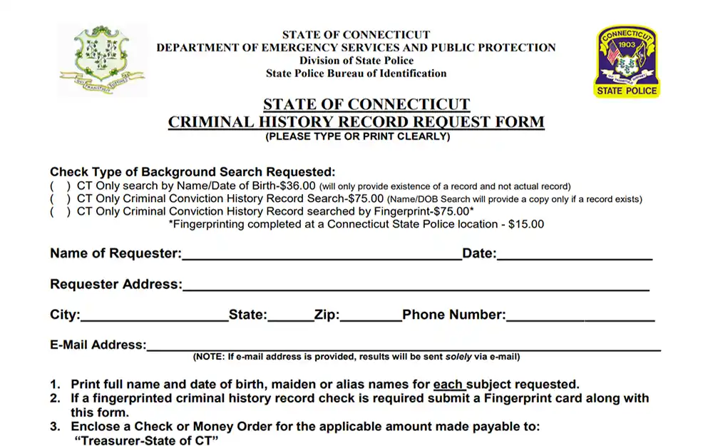 State of Connecticut criminal history record request form screenshot used to make requests and perform free Connecticut warrant search processes. 
