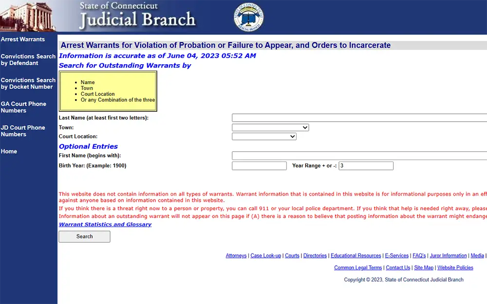 State of Connecticut judicial branch website screenshot with search buttons for doing a free warrant check in Connecticut. 