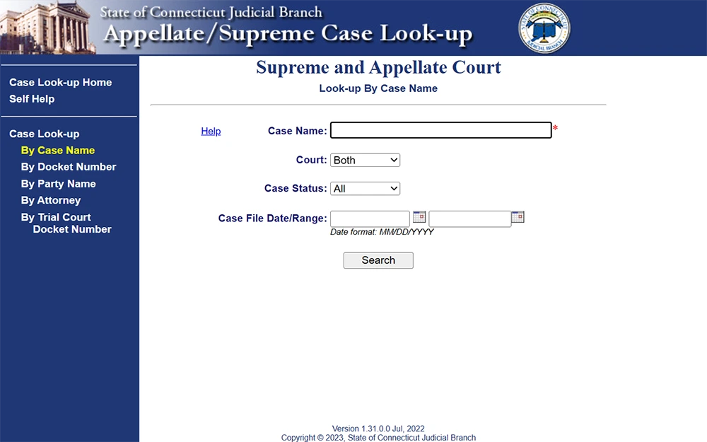 Connecticut state judicial search for court cases, with case name and search button for doing a free divorce records search in Connecticut. 