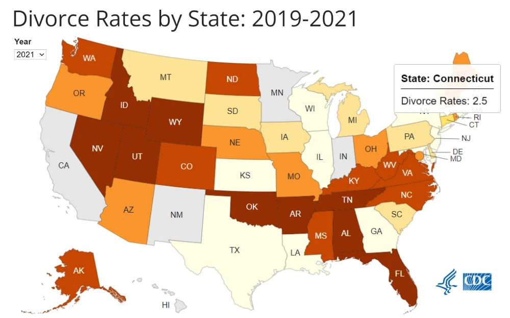 This screenshot shows a visualization map of Connecticut divorce rates per 1,000 total population residing in the area for 2021 from the Centers for Disease Control and Prevention's National Center for Health Statistics website.