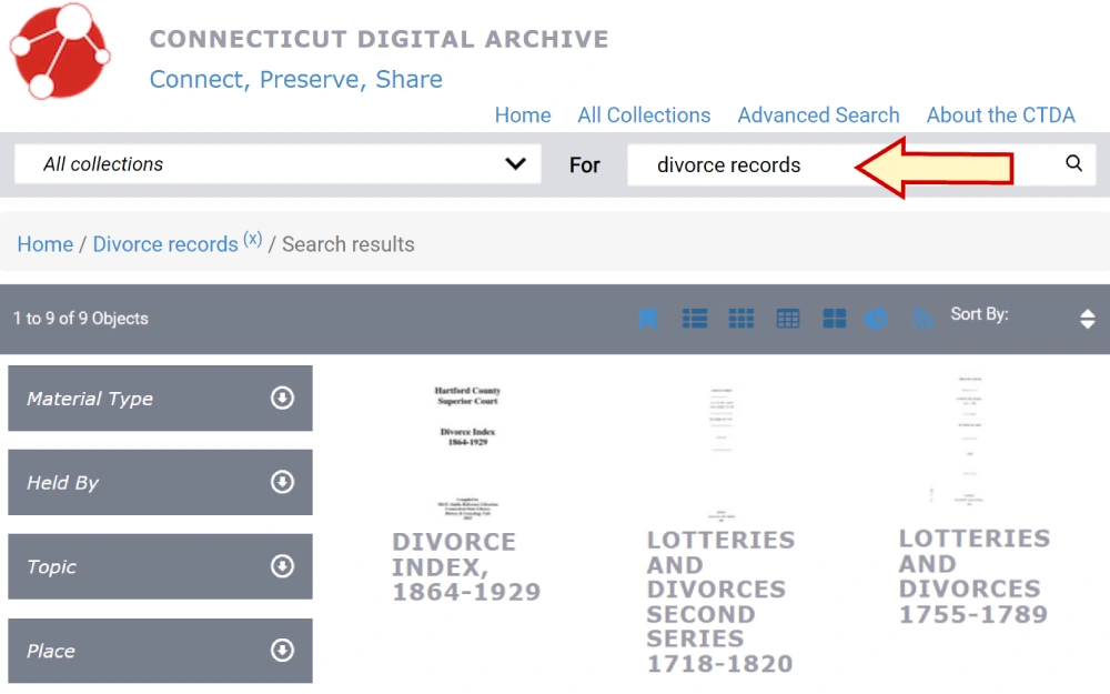 A screenshot displaying the search results for a record or document on the Connecticut Digital Archive website shows the title, dates, and a preview of the document searched by all collection filters.