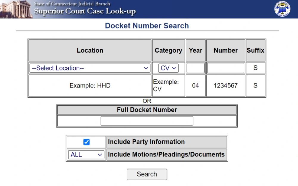 A screenshot showing a search tool can be used to find superior court cases by filtering the location, category, and party information, and by entering the year, number, or full docket number from the State of Connecticut Judicial Branch website.