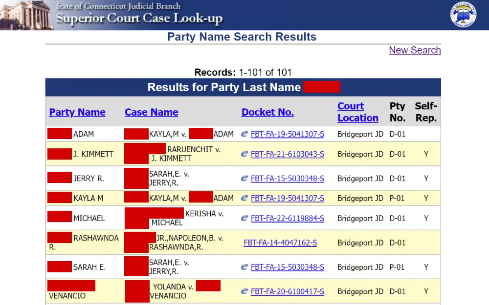 A screenshot displaying the search results for superior court cases on the State of Connecticut Judicial Branch website showing the party name, case name, docket number, court location, party number, and self-representation information.