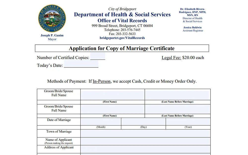 A screenshot showing an application for copy of a marriage certificate requiring information such as number of certified copies, date, groom/bride/spouse full name, date of marriage with the month, day and year in format and others.