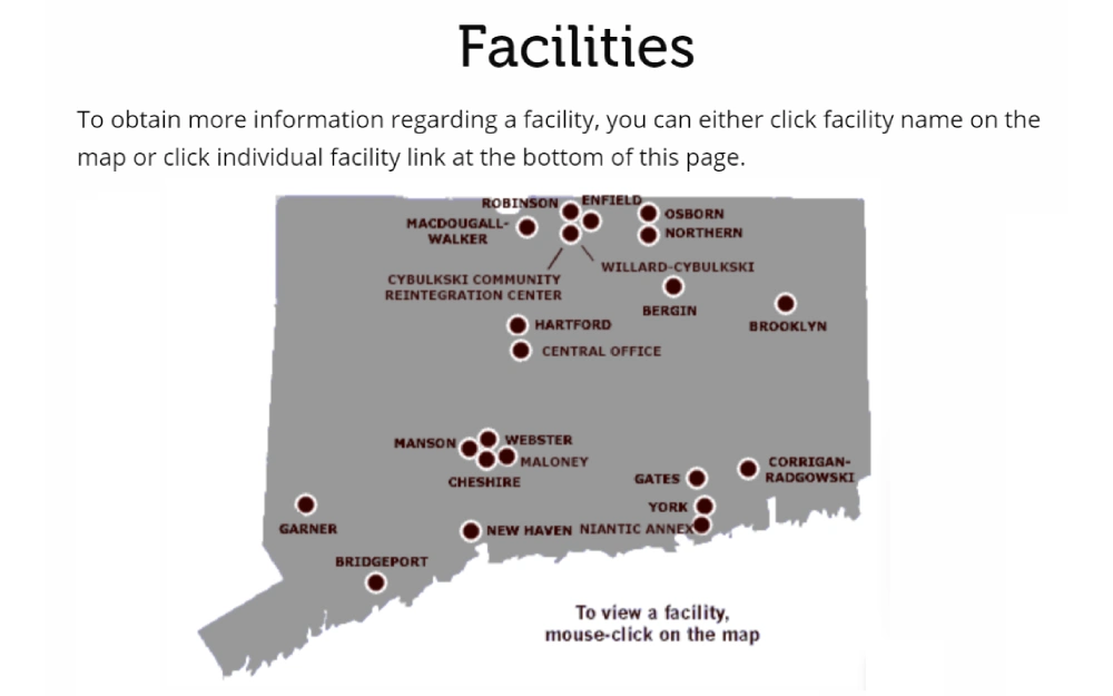 A screenshot showing a facilities visual map showing some individual facility name such as Robinson, Enfield, Macdougall-Walker, Osborn, Northern, Williard-Cybulkski, Bergin, Brooklyn and others.