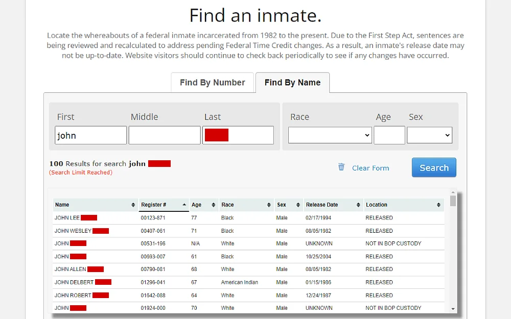 A screenshot displaying an inmate locator by name search showing information such as inmate name, register number, age, race, sex, release date and location from the Federal Bureau of Prisons website.