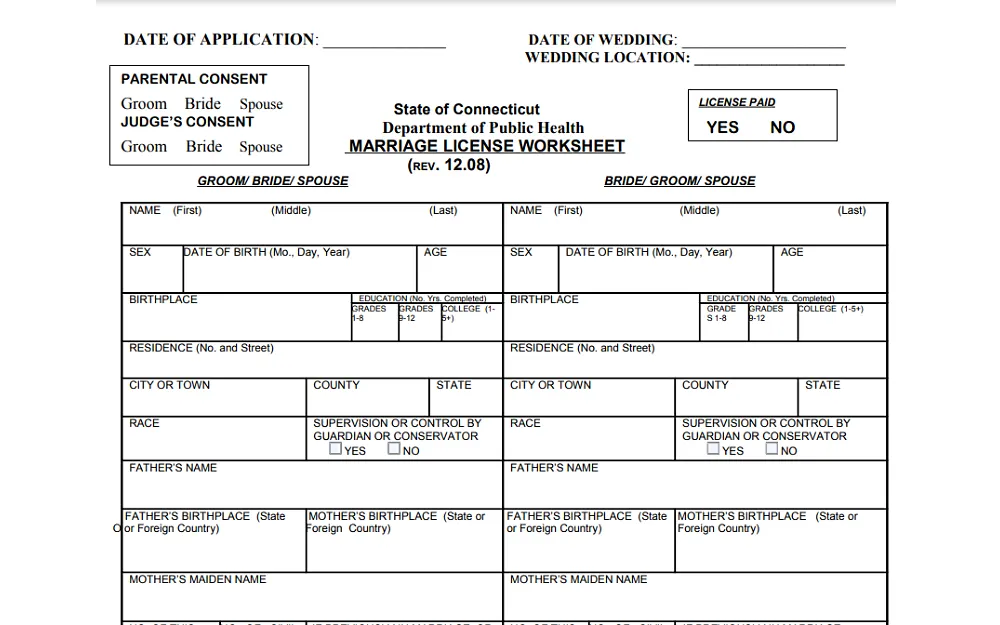 A screenshot displaying a marriage license worksheet from the State of Connecticut Department of Public Health website requiring information such as groom/bride/spouse full name, sex, date of birth, birthplace, residence, race, parents name and others.
