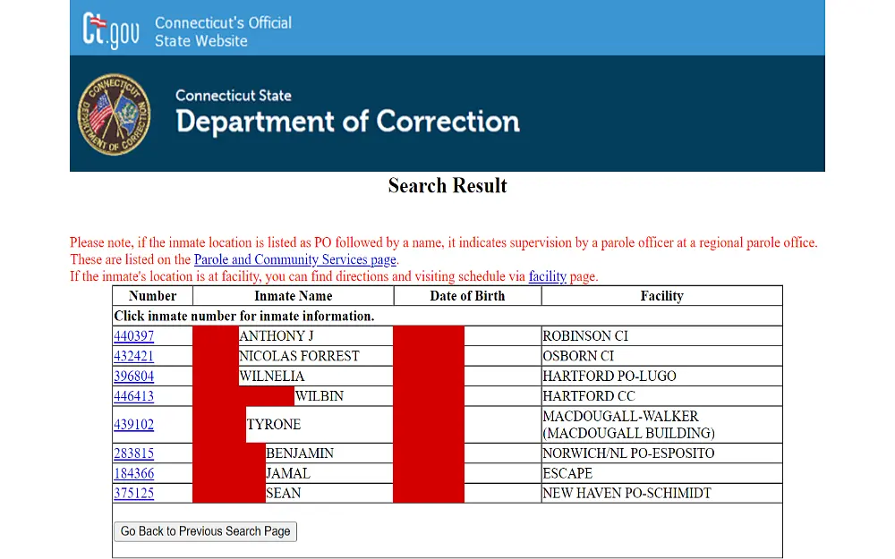 A screenshot showing a search offender information results displaying details such as inmate number, name, date of birth and facility from the Connecticut State Department of Correction website.