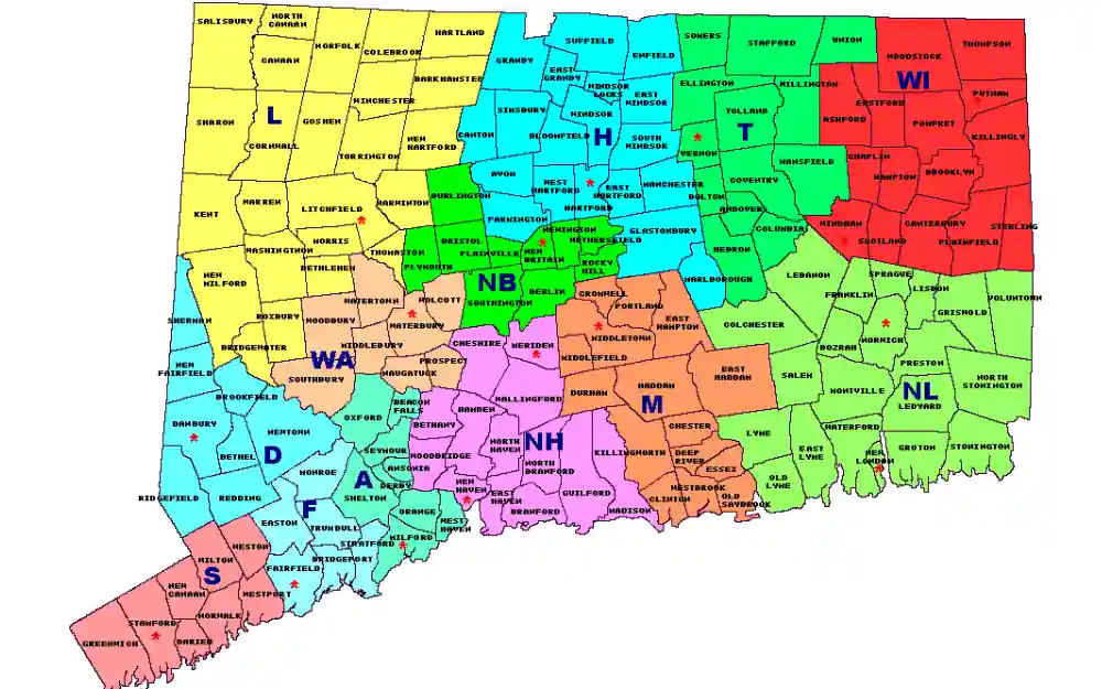 Screenshot of an interactive map of Connecticut displaying the judicial districts with the red asterisk indicating the location of the Judicial District Courthouse of a town.