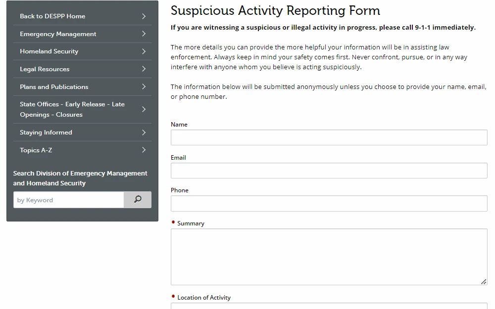 Screenshot of the suspicious activity online reporting form from the Division of Emergency Management and Homeland Security requiring details about the summary and location of the activity, while the name and contact information are optional fields.