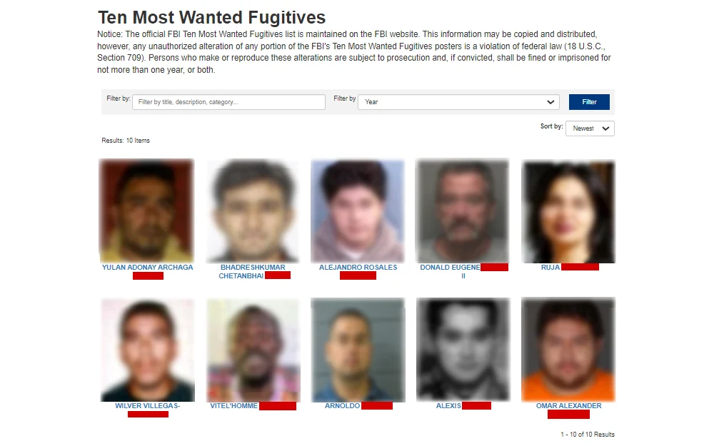 A screenshot displaying the mugshots and names of the top ten most wanted fugitives from the FBI, along with a search bar for filtering and a short notice.