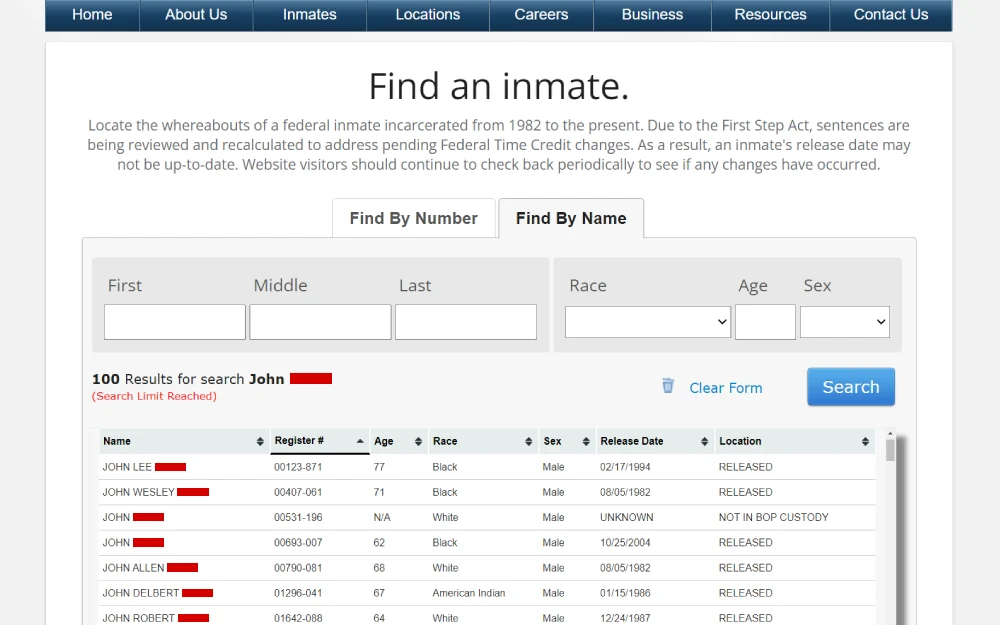 A screenshot from the Federal Bureau of Prisons displaying a search form to find inmates by name or number and a list of search results showing names, registration numbers, ages, races, genders, release dates, and locations for multiple inmates with the first name John.