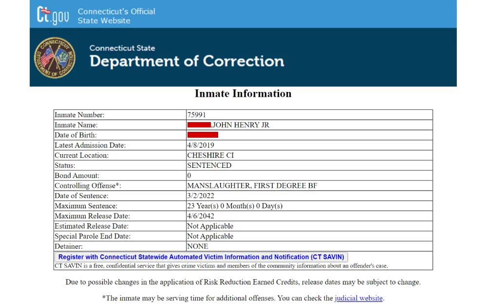 A screenshot displays an inmate's information sheet from the Connecticut State Department of Correction, listing the inmate's identification number, full name, birth date, admission date, current location within the correctional system, sentence status, and details regarding the offense, sentence date, maximum sentence, and release dates, with a note on victim notification services at the bottom.