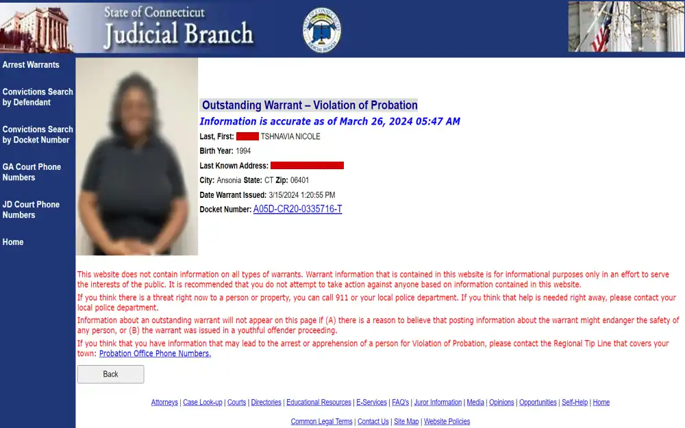 A screenshot from the State of Connecticut Judicial Branch showing a notification of an outstanding warrant related to a probation matter, with details including the full name of the individual, birth year, last known address, the date the warrant was issued, and the document number, alongside a photo of the individual and disclaimers about the nature of the information provided.
