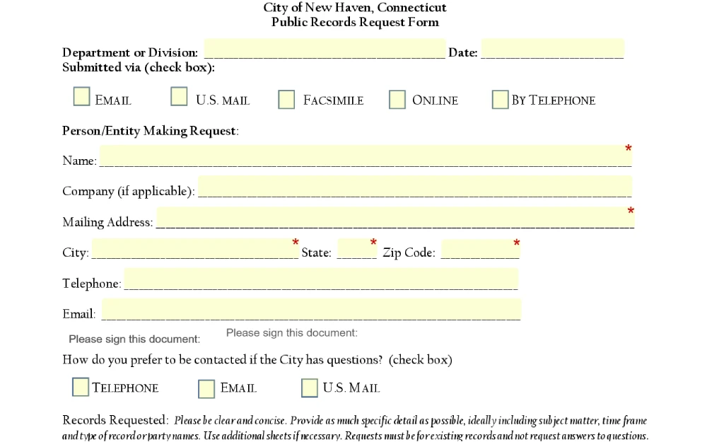 A screenshot featuring a public records request form from the City of New Haven, Connecticut, with fields to be filled out by the requester, including name, company, mailing address, city, state, zip code, telephone, and email, along with options for how to submit the request and the preferred method of contact.