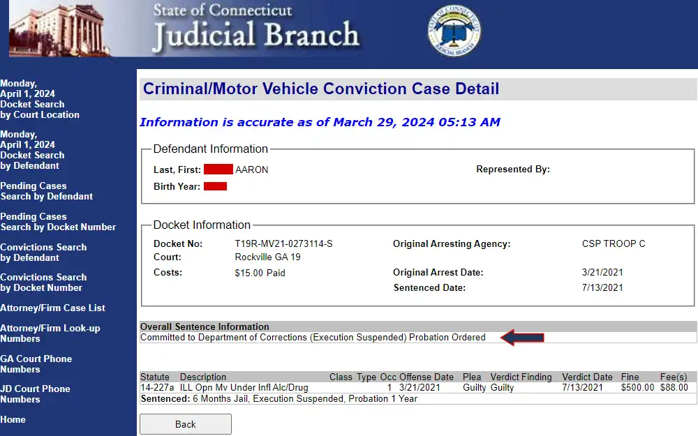Screenshot of a motor vehicle offender's case detail taken from the search tool provided by Connecticut Judicial branch showing three sections: defendant information (name and birth year); docket information (docket number, court, costs, original arresting agency, arresting date, and sentenced date); and the overall sentence information (statute, description, class, type, count, offense date, plea, verdict, verdict date, fine, fees, and sentence).