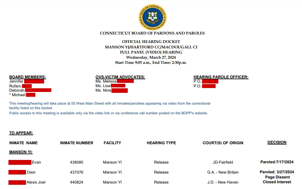 Screenshot of the minutes of the parole hearing conducted on March 27, 2024 from the Connecticut Board of Pardons and Paroles, displaying the names of board members, OVS-Victim advocates, and hearing parole officers, followed by the inmates' details laid out in columns in the following order, from left to right: inmate name, inmate number, facility, hearing type, court of origin, and decision.