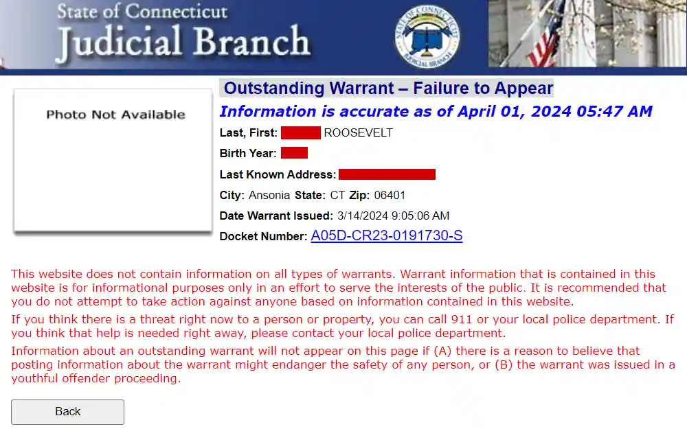 Screenshot of an inmate's warrant detail from the judicial branch of Connecticut including the type of warrant, name of inmate, birthday, last known address, city, state, zip code, date of warrant issuance, and the docket number which is a clickable link directing to the case docket detail of the offender, followed by a disclaimer at the bottom about content limitations.