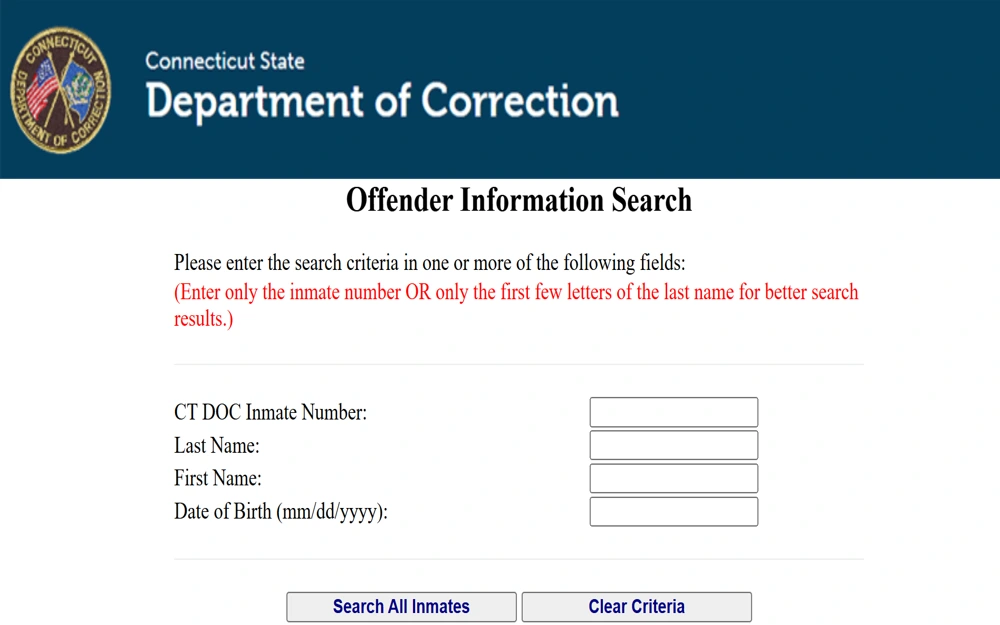 A screenshot showing an Offender Information Search tool provided by the Connecticut State Department of Correction requires at least the inmate number or the first few letters of the last name to locate the offender's name.