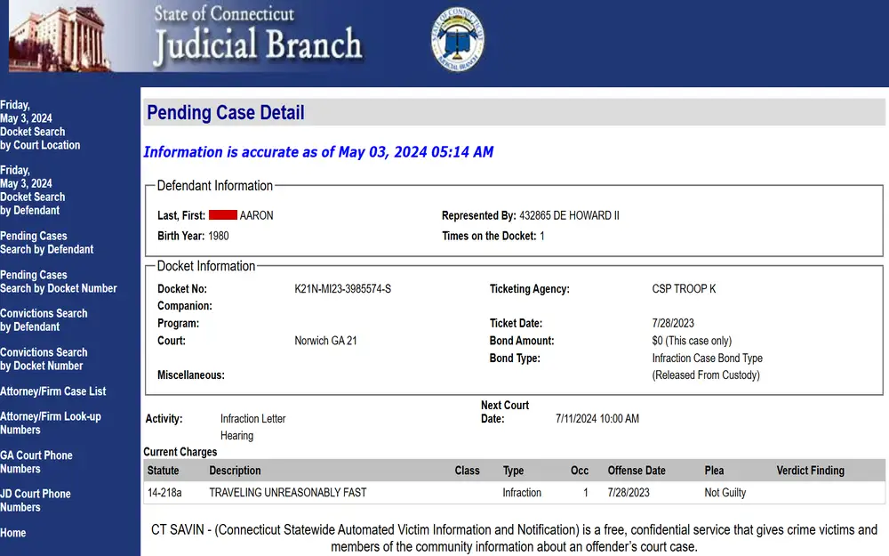 A screenshot showing a sample criminal record provided in Connecticut with specific details about the arrested individual.