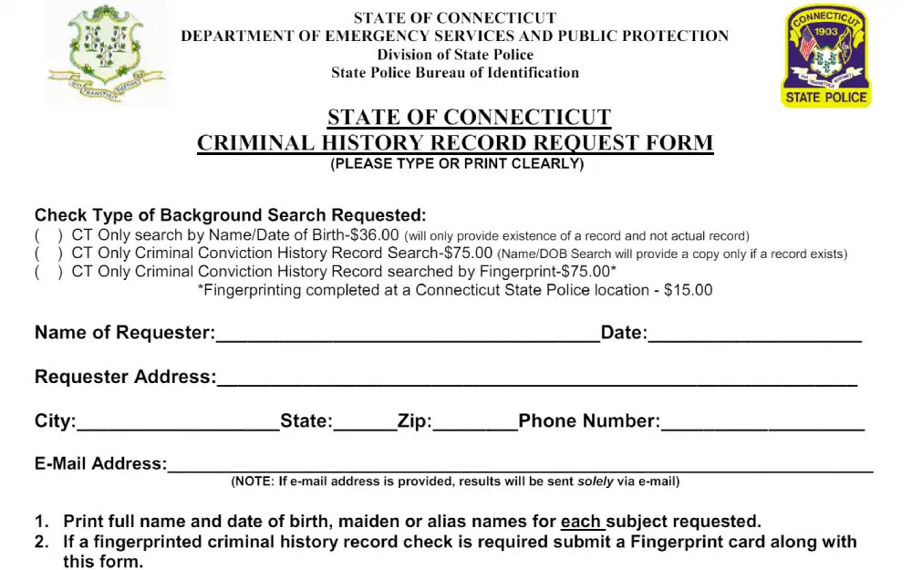 A screenshot showing a criminal history record request form that is required when one requests a criminal record that does not require searching by fingerprints.