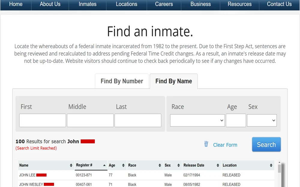 A screenshot showing an Inmate Locator tool provided by the Federal Bureau of Prisons with a list of sample results using the name John Smith.
